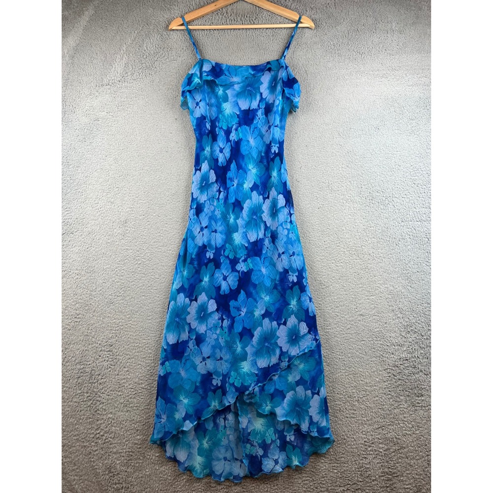 Vintage Byer Too! Blue Floral Hibiscus Ruffle Slip Dress Y2K 90s Midi Size 9